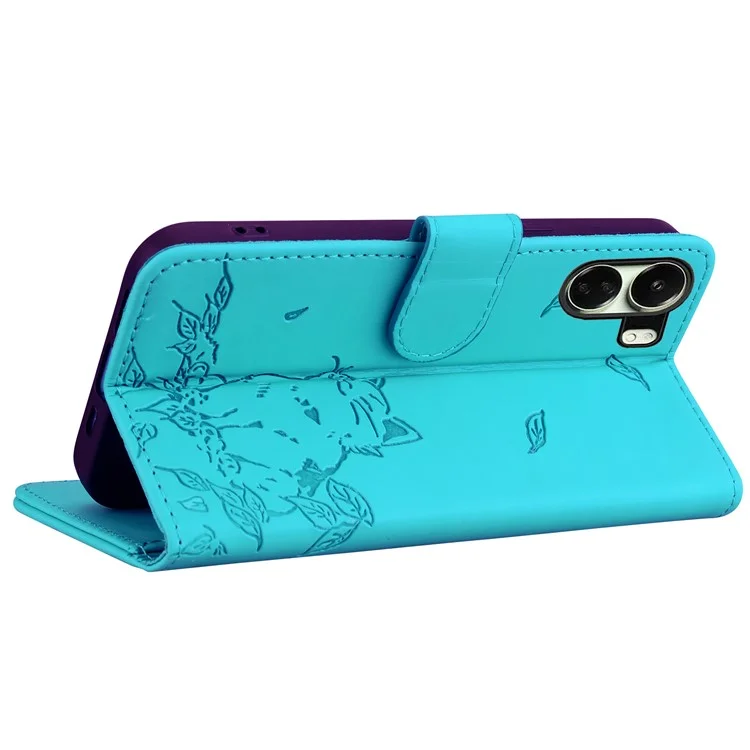 For Xiaomi Redmi 13C 4G / Poco C65 4G Case Wallet Cat Pattern Imprinted Leather Phone Cover - Lake Blue