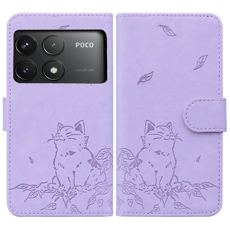 Para Xiaomi Poco F6 Pro 5G / Redmi K70 5G / K70 Pro 5G Case Carteira Cat Padrão Tampa de Couro Impressa - Roxo