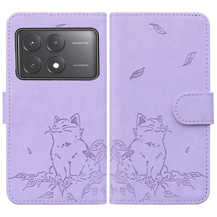 For Xiaomi Poco X6 5G / Redmi Note 13 Pro 5G Case Wallet Cat Pattern Imprinted Leather Phone Cover - Purple