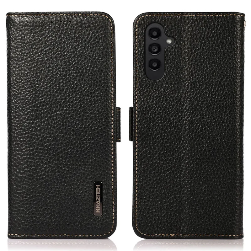 KHAZNEH For Samsung Galaxy M35 5G Phone Case Genuine Cow Leather Cover RFID Blocking - Black