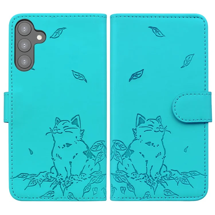 Für Samsung Galaxy S24+ Case Wallet Cat Muster Gedruckter Leder -telefonabdeckung - Seeblau