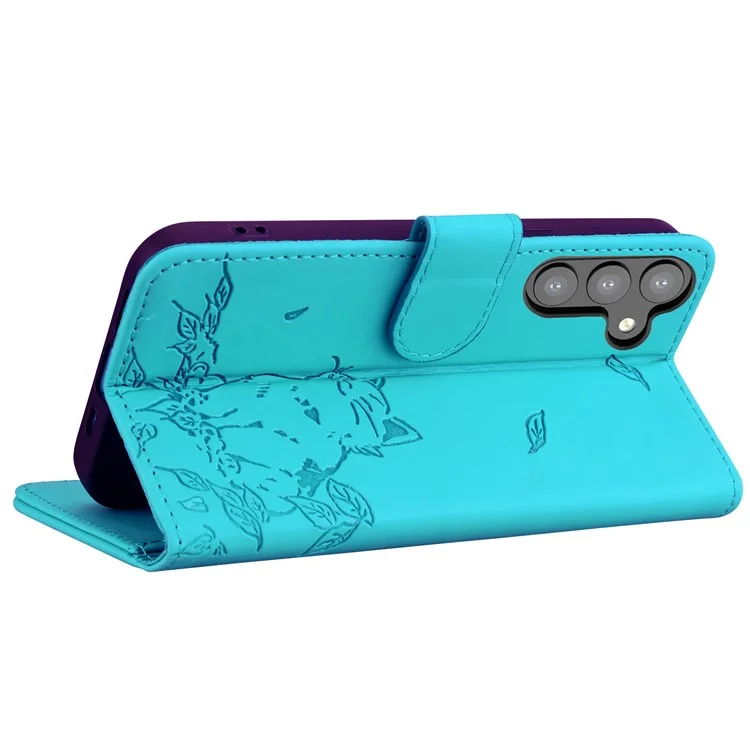 Für Samsung Galaxy S24+ Case Wallet Cat Muster Gedruckter Leder -telefonabdeckung - Seeblau
