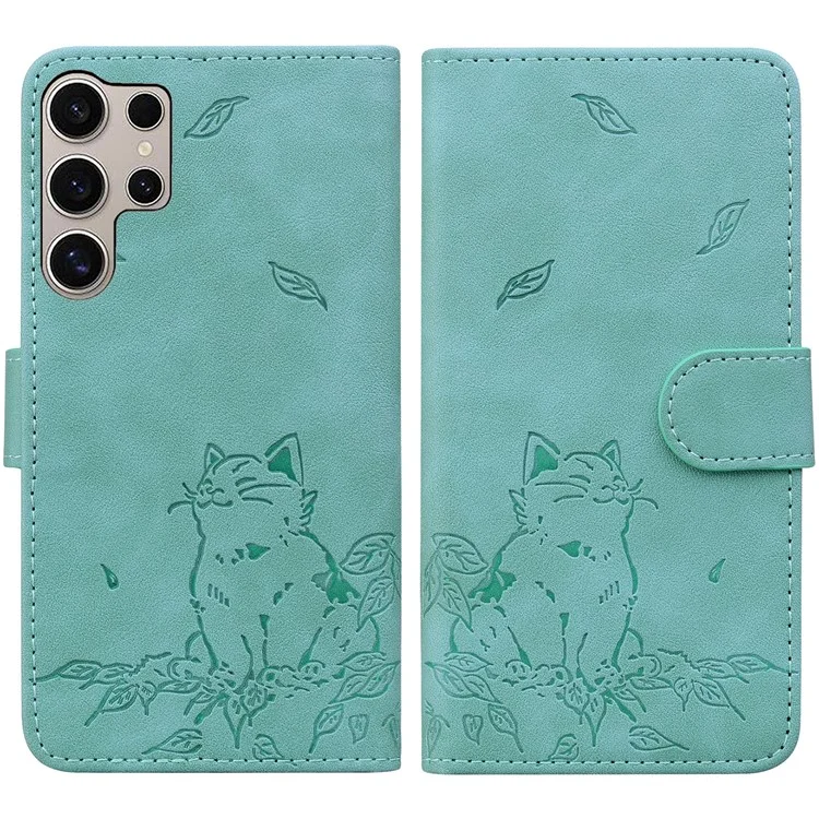 Para Samsung Galaxy S24 Ultra Case Wallet Patrón de Gato Cubierta de Teléfono de Cuero Impreso - Verde