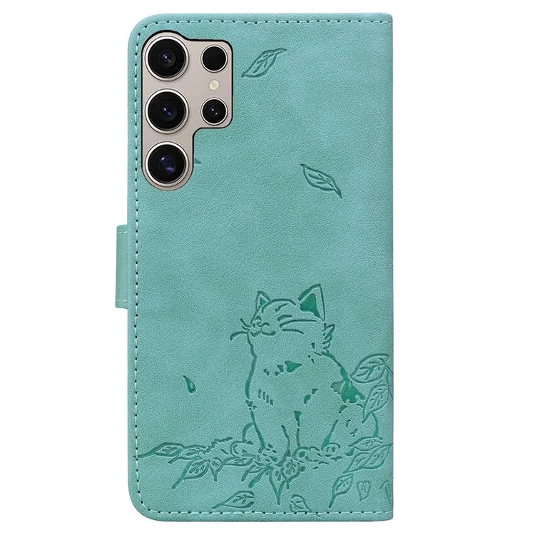 Para Samsung Galaxy S24 Ultra Case Wallet Patrón de Gato Cubierta de Teléfono de Cuero Impreso - Verde
