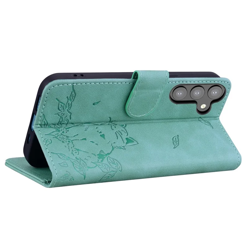 For Samsung Galaxy S24 Case Wallet Cat Pattern Imprinted Leather Phone Cover - Green
