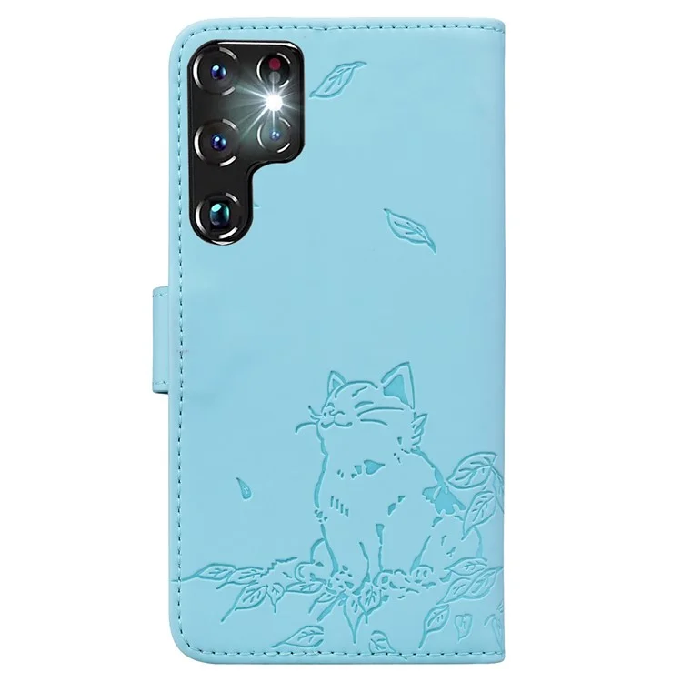 For Samsung Galaxy S22 Ultra 5G Case Wallet Cat Pattern Imprinted Leather Phone Cover - Sky Blue
