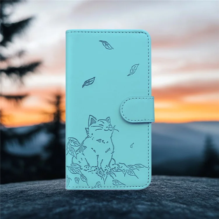 Für Samsung Galaxy S23 Case Wallet Cat Muster Gedruckter Leder -telefonabdeckung - Seeblau