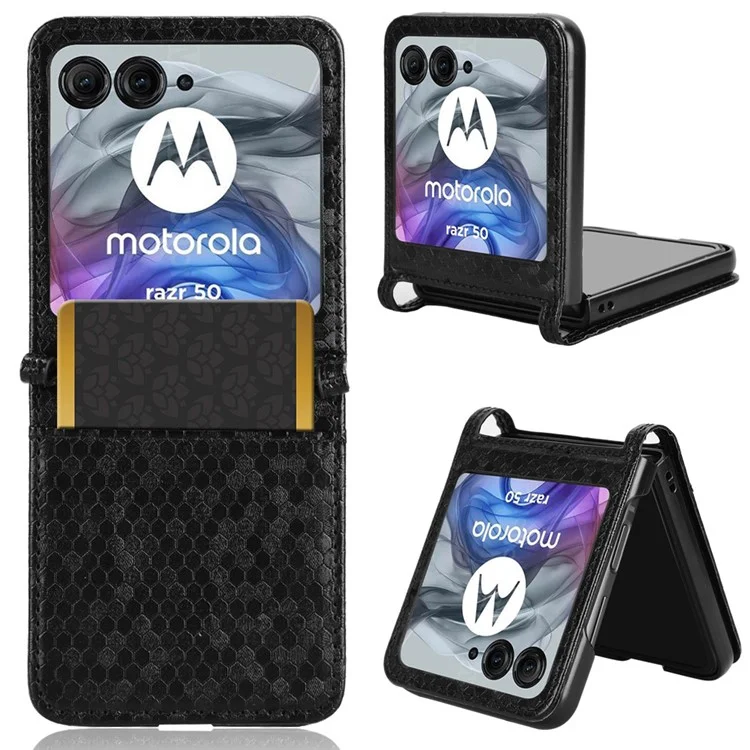 Para la Caja Del Teléfono de 5 g de Motorola Razr 50 Con Titular de Tarjetas, la Cubierta Del Teléfono de Cuero de Patrón de Punto Impreso - Negro