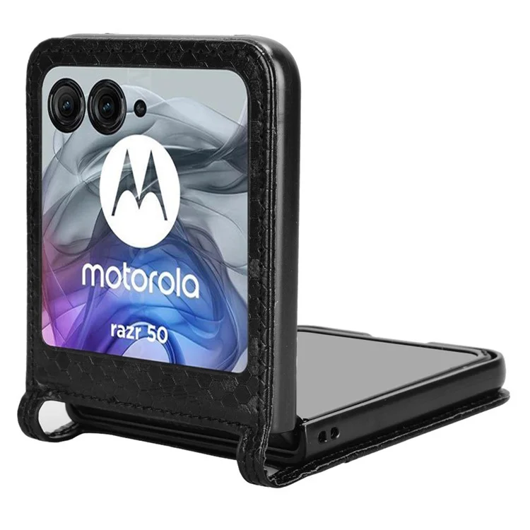 Para la Caja Del Teléfono de 5 g de Motorola Razr 50 Con Titular de Tarjetas, la Cubierta Del Teléfono de Cuero de Patrón de Punto Impreso - Negro