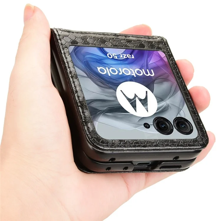 Para la Caja Del Teléfono de 5 g de Motorola Razr 50 Con Titular de Tarjetas, la Cubierta Del Teléfono de Cuero de Patrón de Punto Impreso - Negro