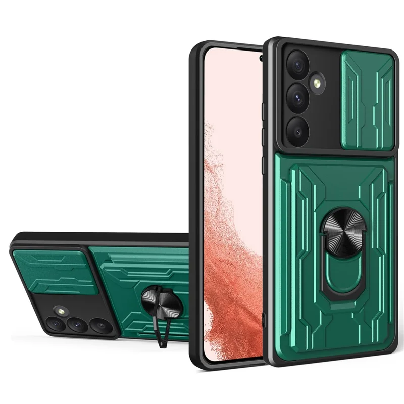 For Samsung Galaxy A55 5G Case PC+TPU Kickstand Phone Back Cover with Camera Slider - Blackish Green
