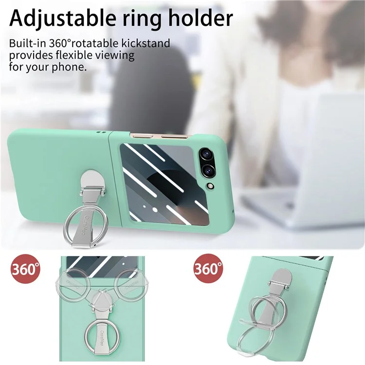 For Samsung Galaxy Z Flip6 5G Case Ring Kickstand PC Phone Cover with Tempered Glass Rear Screen Film - Light Green
