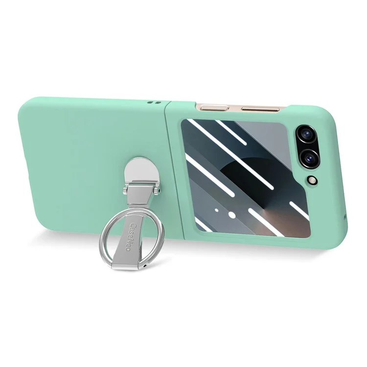 For Samsung Galaxy Z Flip6 5G Case Ring Kickstand PC Phone Cover with Tempered Glass Rear Screen Film - Light Green