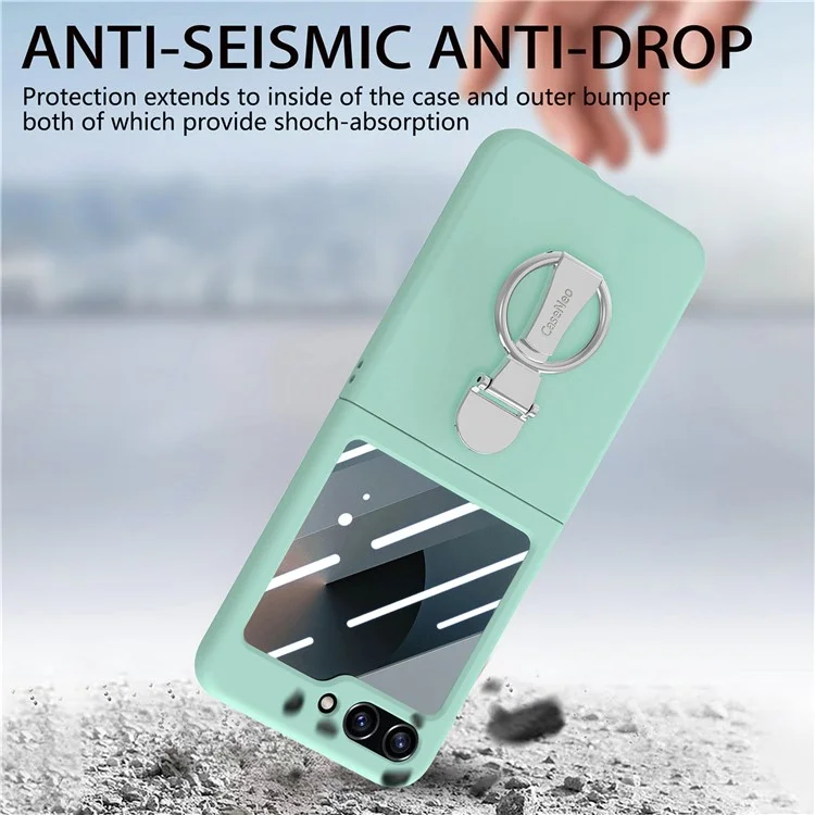 For Samsung Galaxy Z Flip6 5G Case Ring Kickstand PC Phone Cover with Tempered Glass Rear Screen Film - Light Green