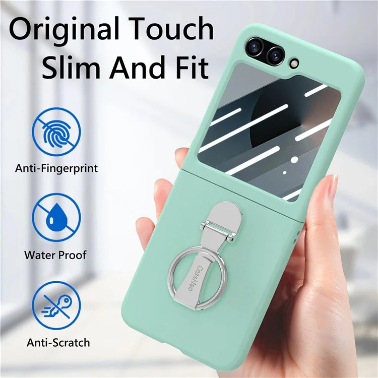 For Samsung Galaxy Z Flip6 5G Case Ring Kickstand PC Phone Cover with Tempered Glass Rear Screen Film - Light Green