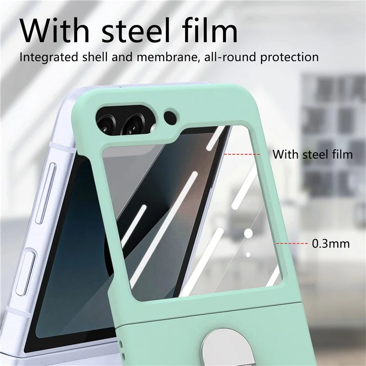 For Samsung Galaxy Z Flip6 5G Case Ring Kickstand PC Phone Cover with Tempered Glass Rear Screen Film - Light Green