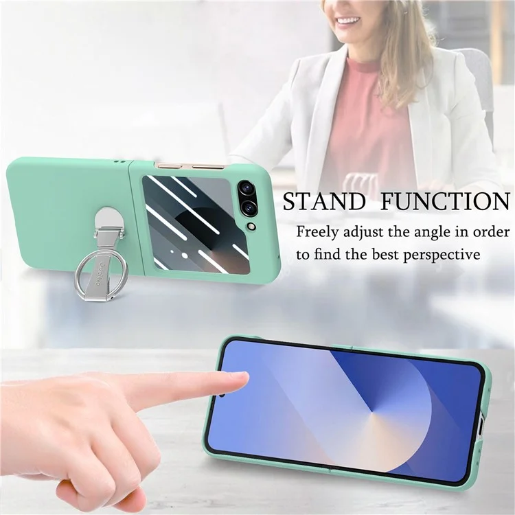 For Samsung Galaxy Z Flip6 5G Case Ring Kickstand PC Phone Cover with Tempered Glass Rear Screen Film - Light Green