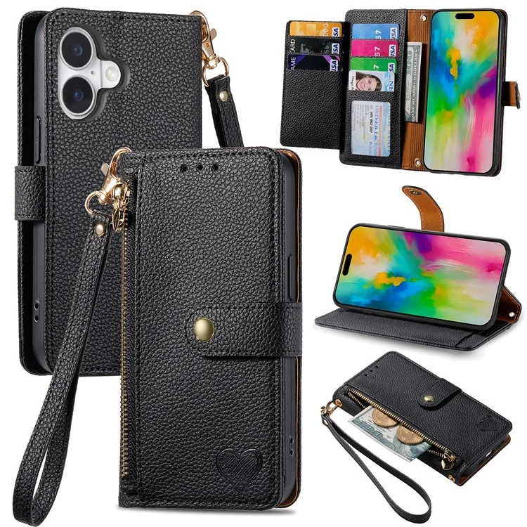 Para Iphone 16 Case Rfid Bloqueo de la Cremallera Policita de Cuero Cubierta de Teléfono de la Billetera - Negro