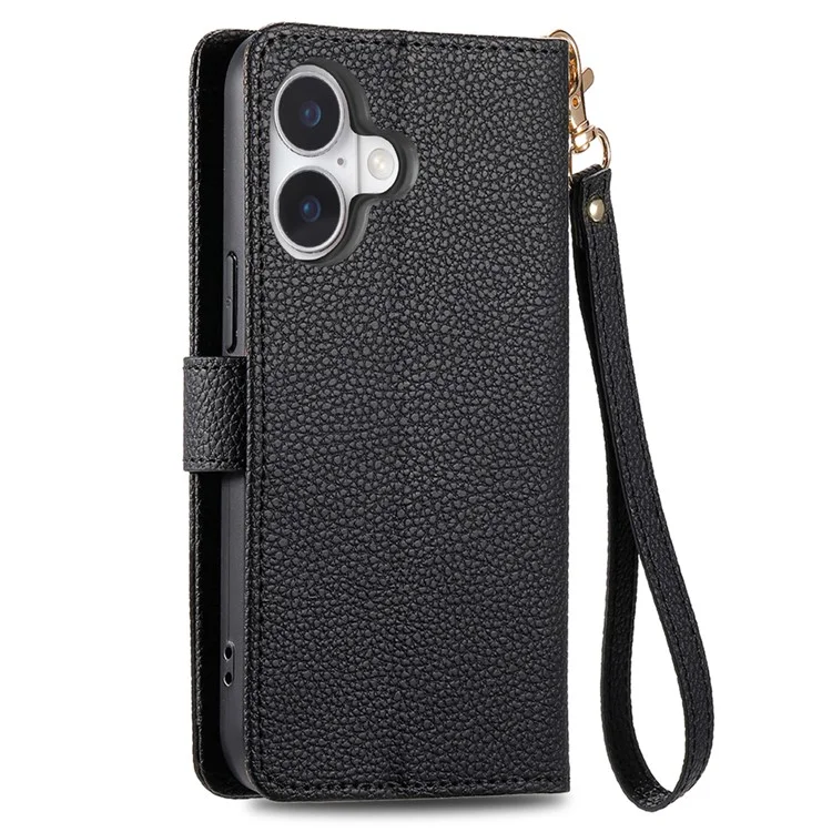 Para Iphone 16 Case Rfid Bloqueo de la Cremallera Policita de Cuero Cubierta de Teléfono de la Billetera - Negro