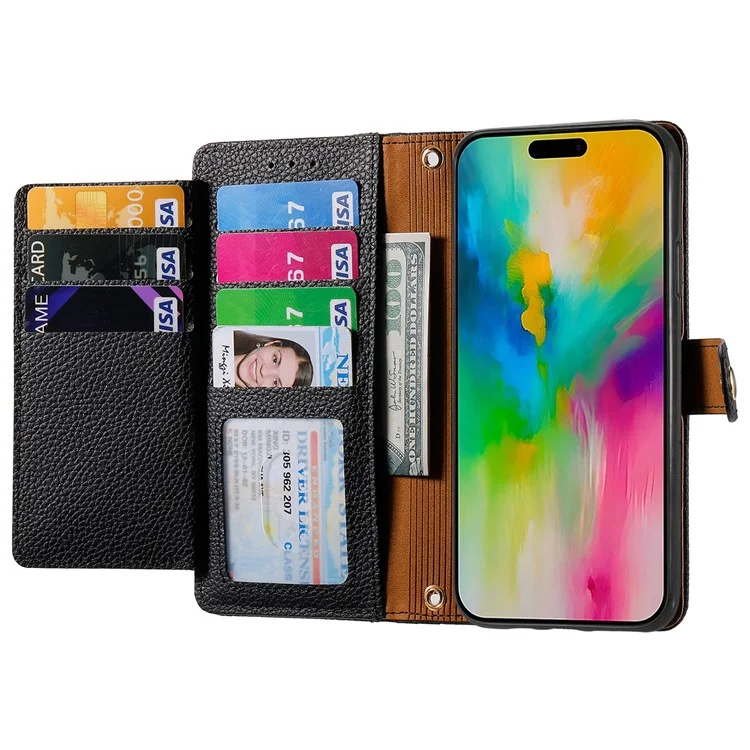 Para Iphone 16 Case Rfid Bloqueo de la Cremallera Policita de Cuero Cubierta de Teléfono de la Billetera - Negro