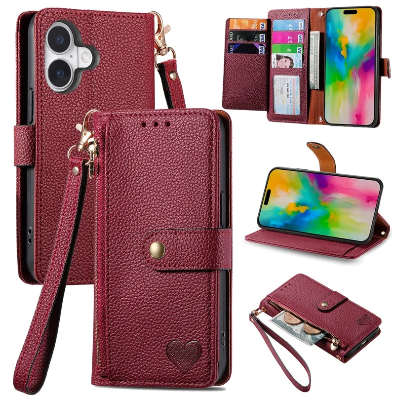 For iPhone 16 Case RFID Blocking Zipper Pocket Leather Wallet Phone Cover - Red