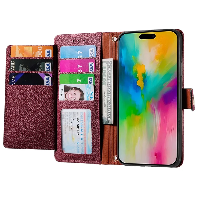 For iPhone 16 Case RFID Blocking Zipper Pocket Leather Wallet Phone Cover - Red