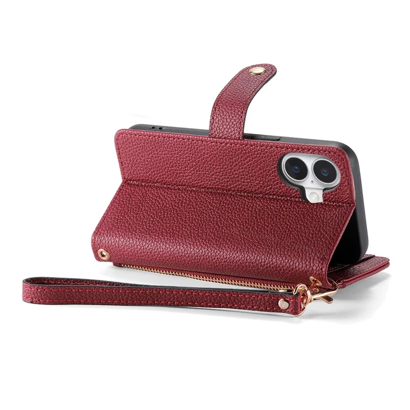 For iPhone 16 Case RFID Blocking Zipper Pocket Leather Wallet Phone Cover - Red