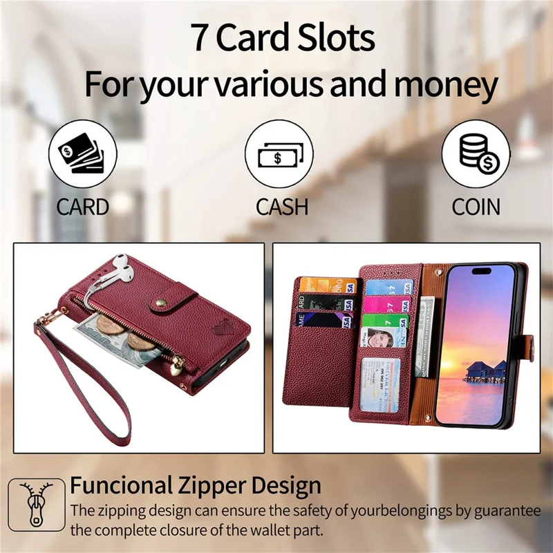 For iPhone 16 Case RFID Blocking Zipper Pocket Leather Wallet Phone Cover - Red
