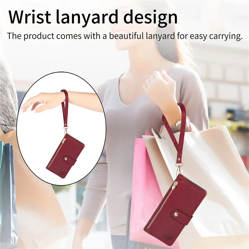 For iPhone 16 Case RFID Blocking Zipper Pocket Leather Wallet Phone Cover - Red