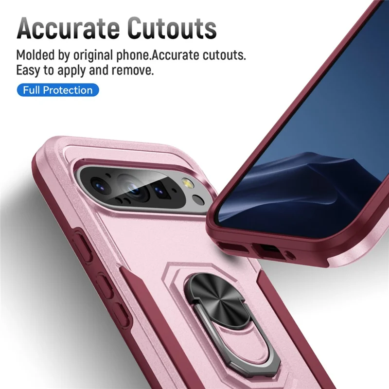For Google Pixel 9 / Pixel 9 Pro Case Military Grade Ring Kickstand PC+TPU Phone Cover - Pink+Rose