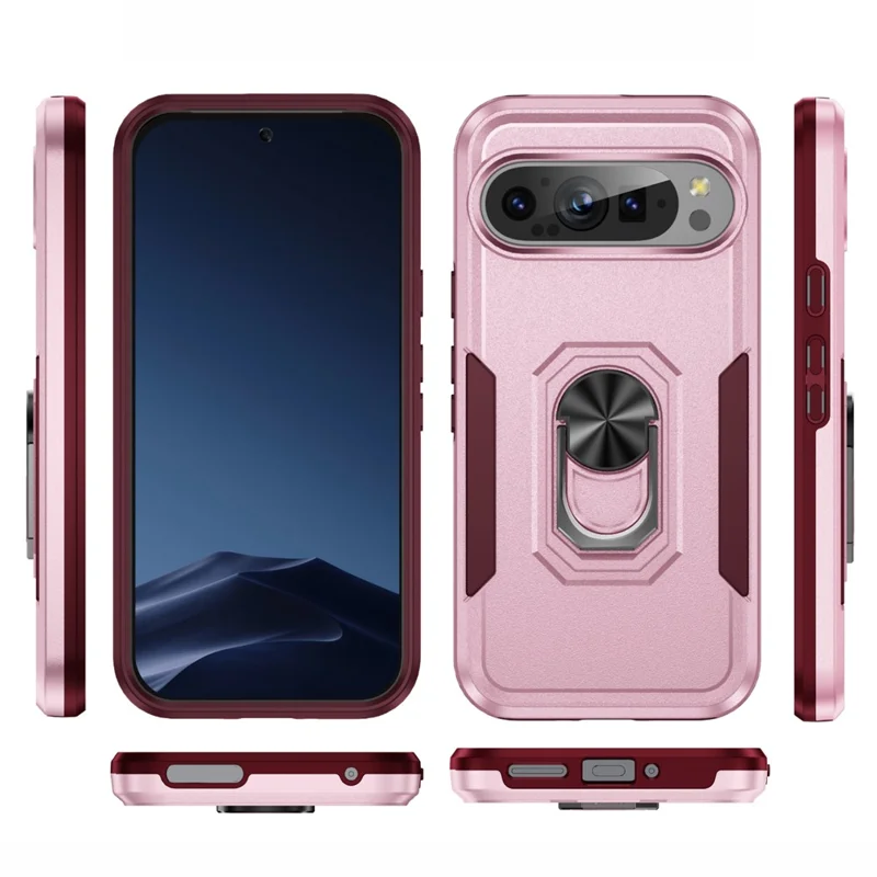 For Google Pixel 9 / Pixel 9 Pro Case Military Grade Ring Kickstand PC+TPU Phone Cover - Pink+Rose