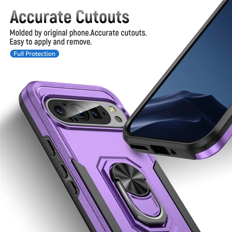 For Google Pixel 9 / Pixel 9 Pro Case Military Grade Ring Kickstand PC+TPU Phone Cover - Purple+Black