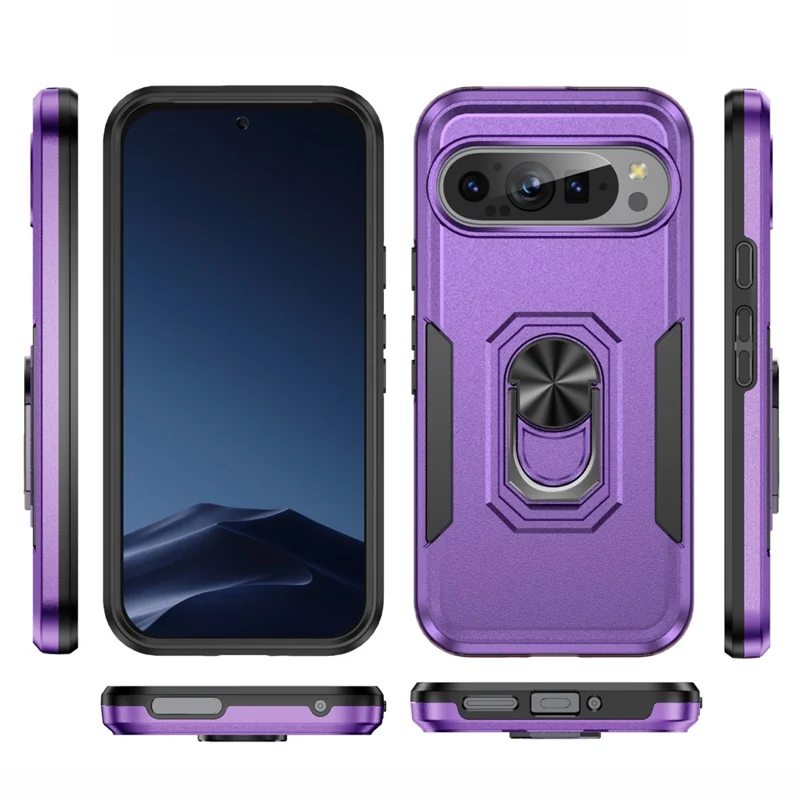 For Google Pixel 9 / Pixel 9 Pro Case Military Grade Ring Kickstand PC+TPU Phone Cover - Purple+Black