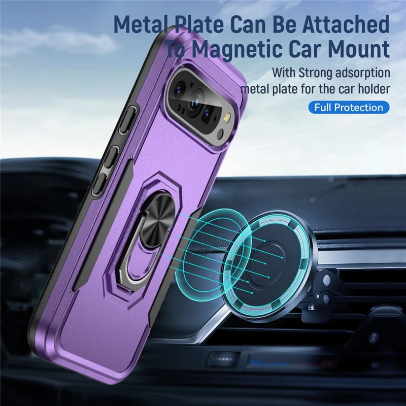For Google Pixel 9 / Pixel 9 Pro Case Military Grade Ring Kickstand PC+TPU Phone Cover - Purple+Black