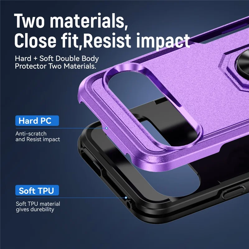 For Google Pixel 9 / Pixel 9 Pro Case Military Grade Ring Kickstand PC+TPU Phone Cover - Purple+Black