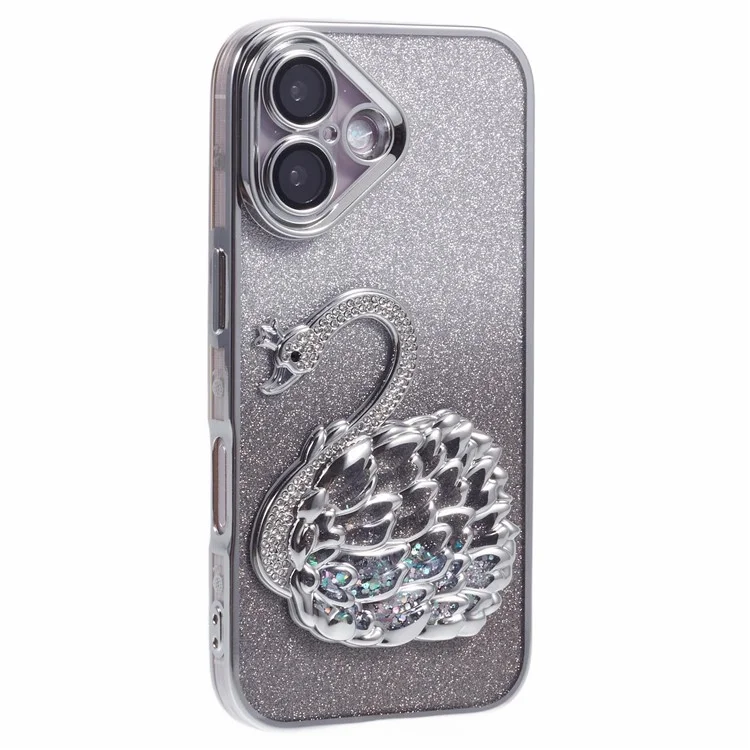 For iPhone 16 Plus Case Swan Design Quicksand TPU Phone Cover with Glass Lens Film - Silver