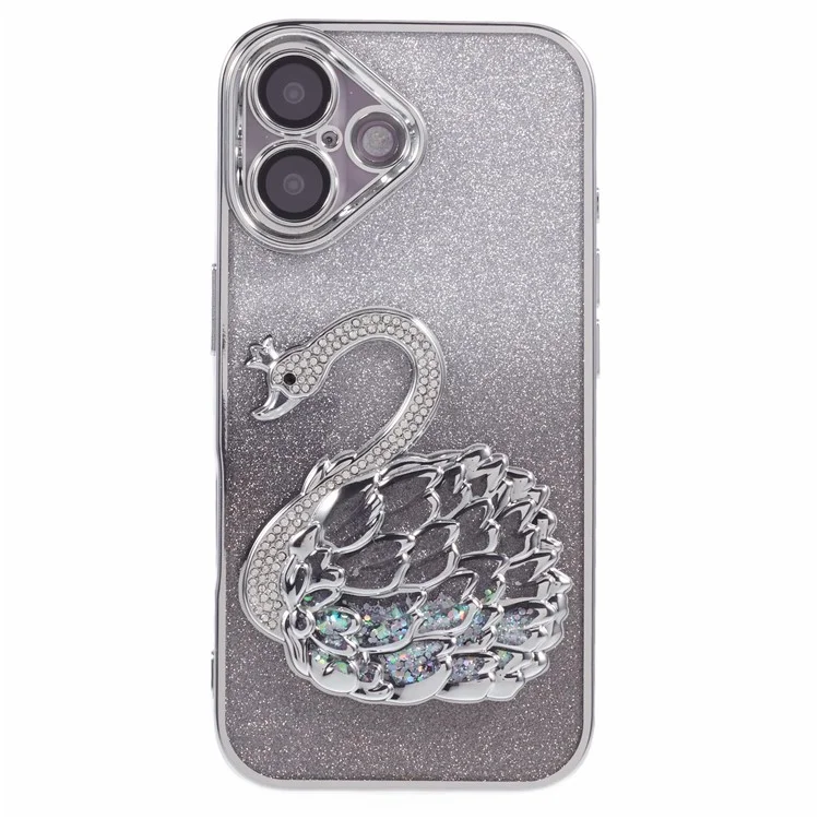 For iPhone 16 Plus Case Swan Design Quicksand TPU Phone Cover with Glass Lens Film - Silver