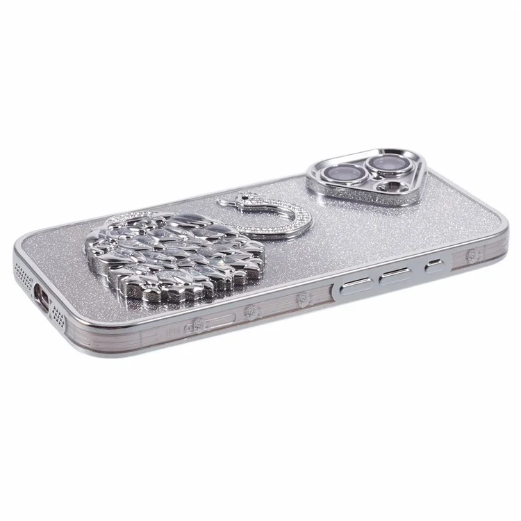 For iPhone 16 Plus Case Swan Design Quicksand TPU Phone Cover with Glass Lens Film - Silver