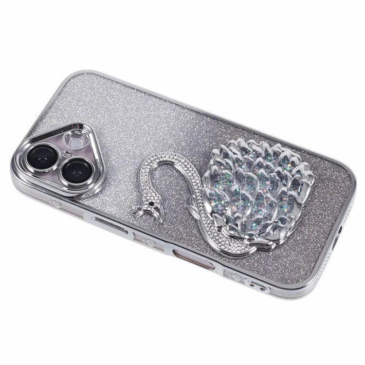 For iPhone 16 Plus Case Swan Design Quicksand TPU Phone Cover with Glass Lens Film - Silver