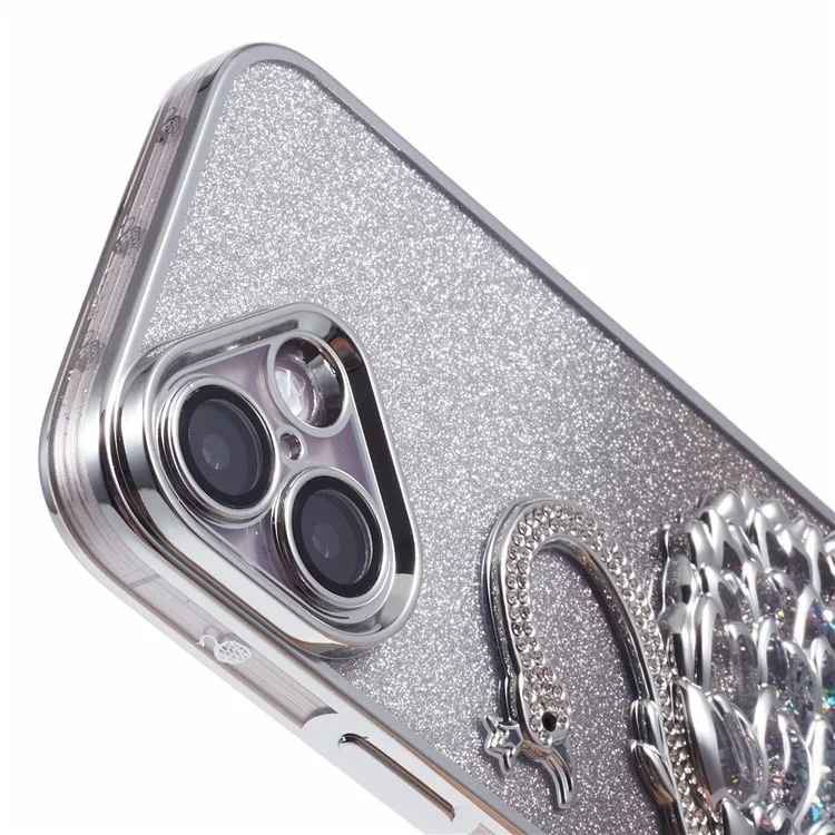For iPhone 16 Plus Case Swan Design Quicksand TPU Phone Cover with Glass Lens Film - Silver