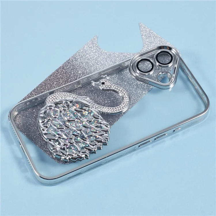 For iPhone 16 Plus Case Swan Design Quicksand TPU Phone Cover with Glass Lens Film - Silver