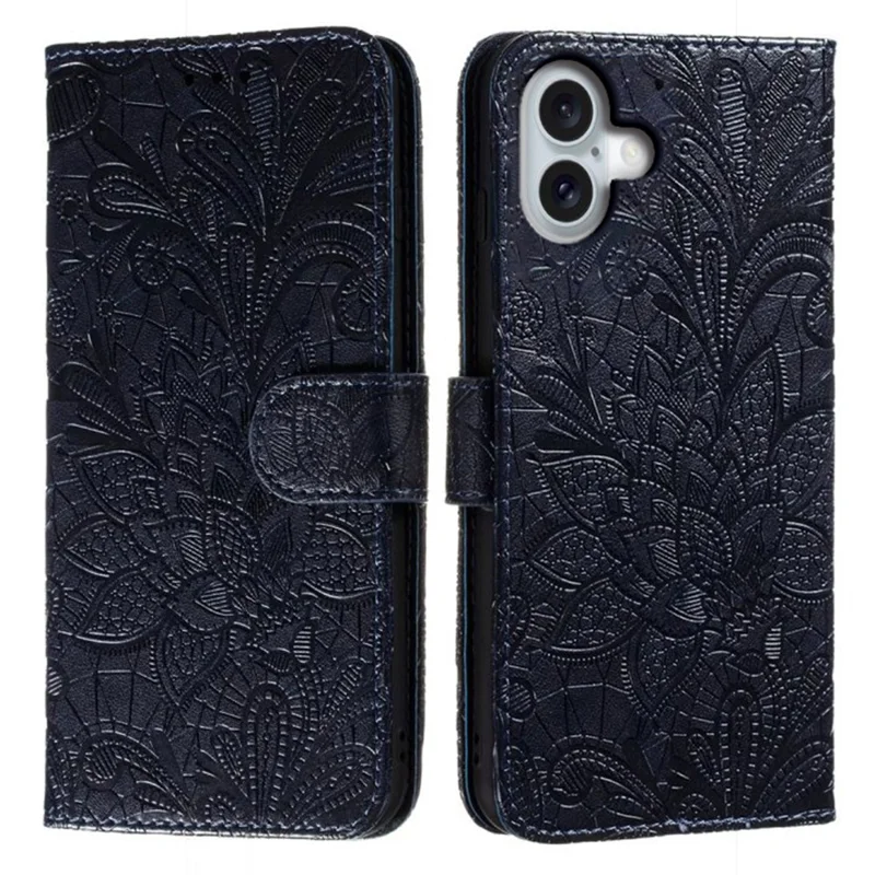 Pour Iphone 16 Plus Fleurs de Dentelle de Boîtier PU le Cuir Flip Portefeuille Couverture de Téléphone - Noir