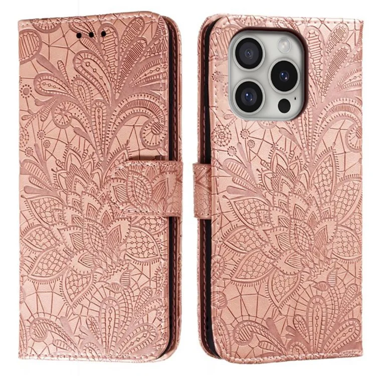 Para Iphone 16 Pro Max Case Lace Flores PU Flip Flip Willet Telep Cubierta - Oro Rosa