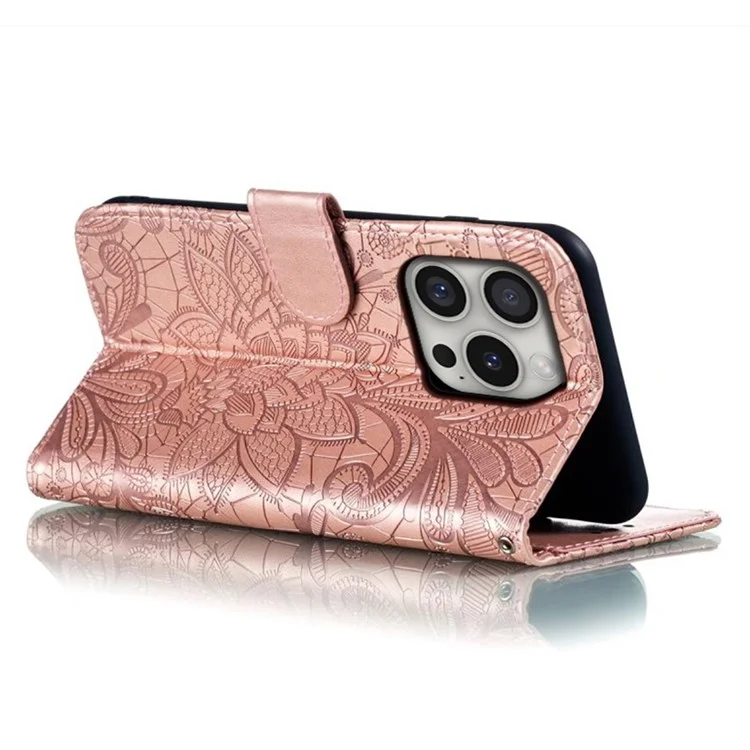 Para Iphone 16 Pro Max Case Lace Flores PU Flip Flip Willet Telep Cubierta - Oro Rosa