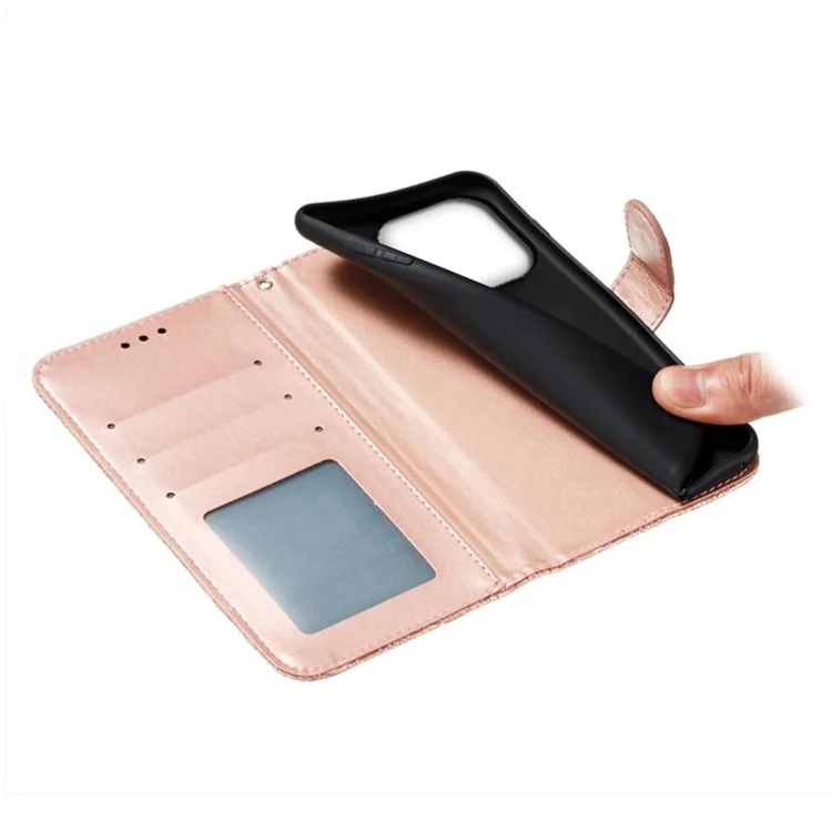 Para Iphone 16 Pro Max Case Lace Flores PU Flip Flip Willet Telep Cubierta - Oro Rosa