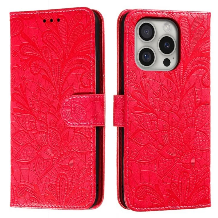 For iPhone 16 Pro Max Case Lace Flowers PU Leather Flip Wallet Phone Cover - Red