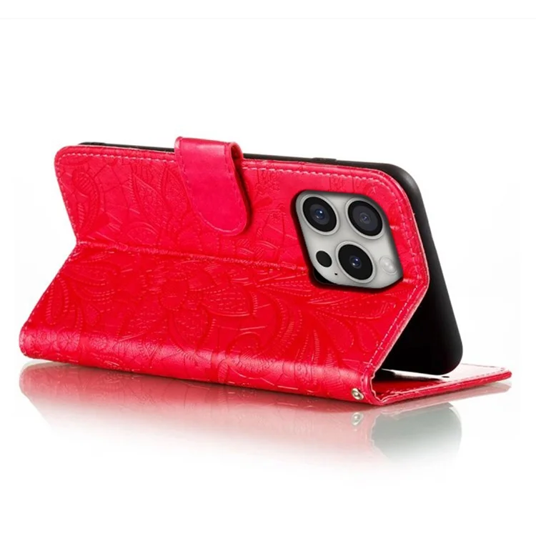 For iPhone 16 Pro Max Case Lace Flowers PU Leather Flip Wallet Phone Cover - Red