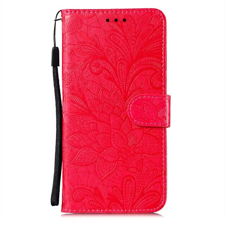For iPhone 16 Pro Max Case Lace Flowers PU Leather Flip Wallet Phone Cover - Red