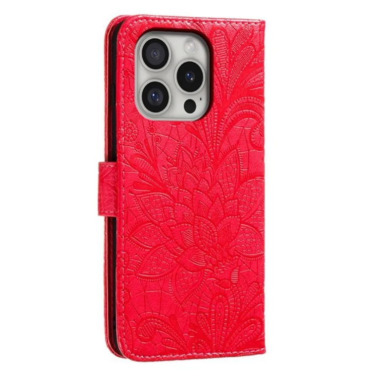 For iPhone 16 Pro Max Case Lace Flowers PU Leather Flip Wallet Phone Cover - Red