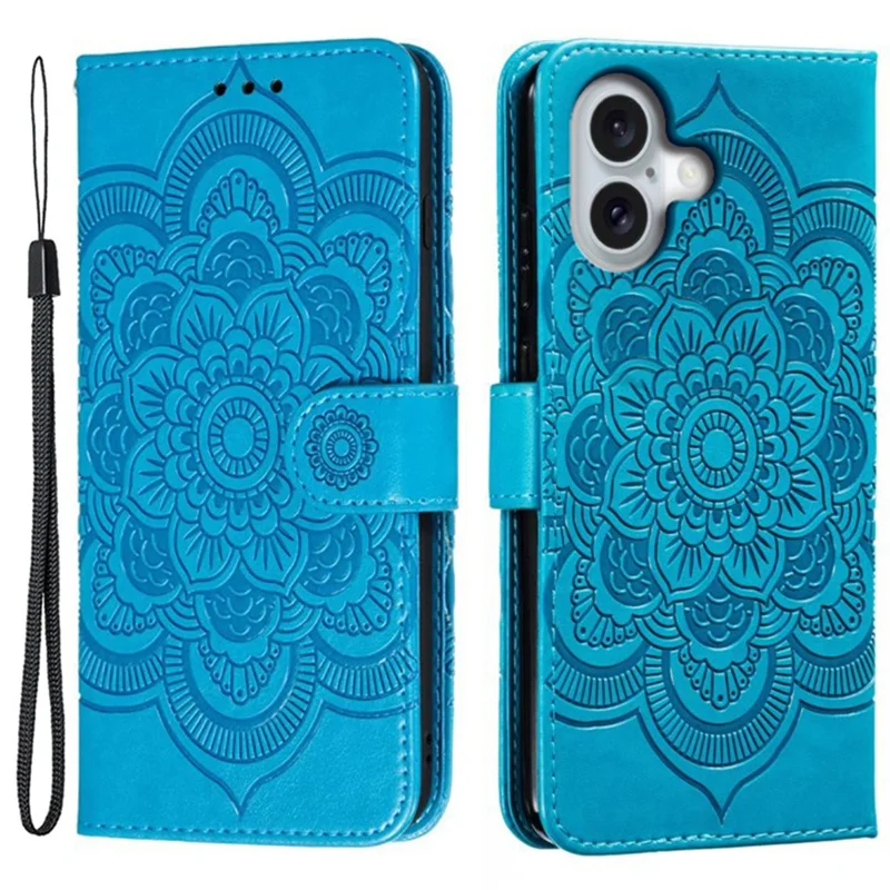 For iPhone 16 Case PU Leather Mandala Imprinted Design Wallet Phone Cover - Blue